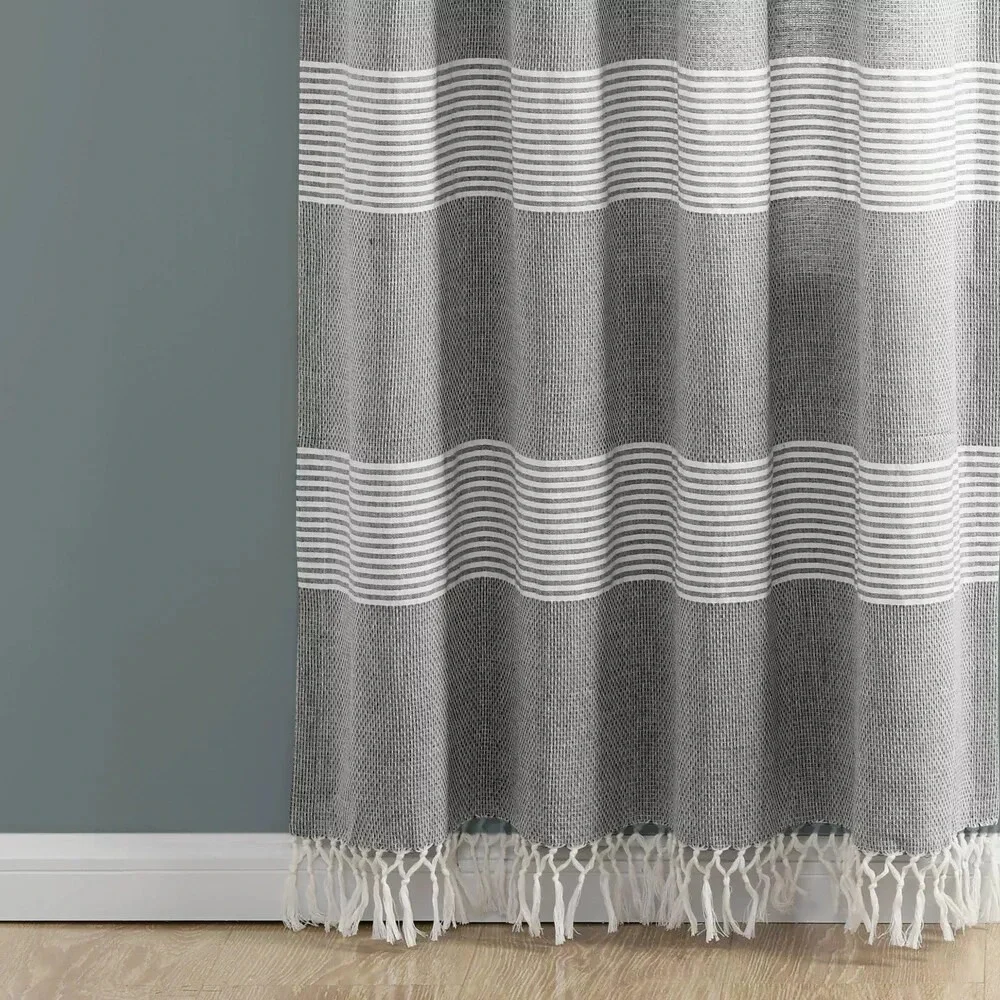 2Tucker Stripe Yarn Dyed Cotton‎ Knotted Tassel Window Curtain Panels Gray 40X95